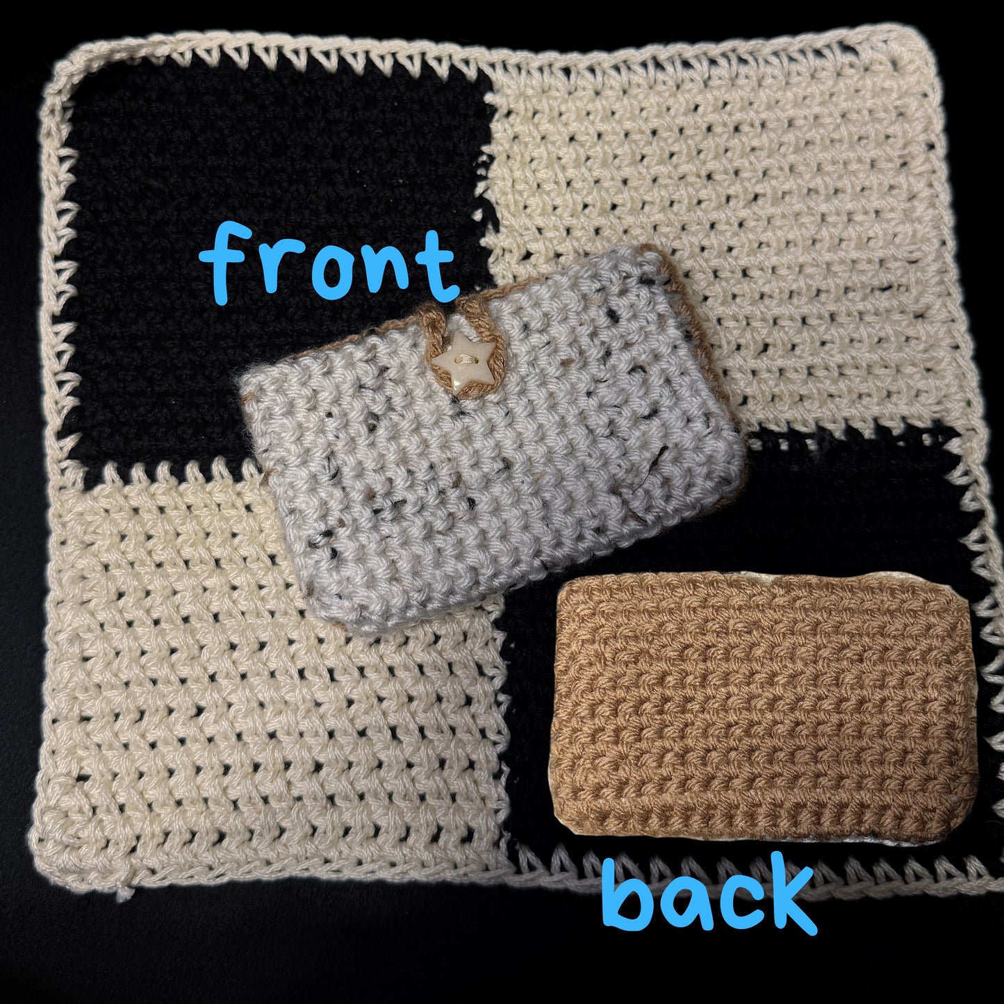 A crocheted rectangular pouch or wallet shown from two sides on a black background. The top view shows a black, cream, and beige check pattern with blue text reading 'front'; the bottom view shows a plain beige side with blue text reading 'back'.