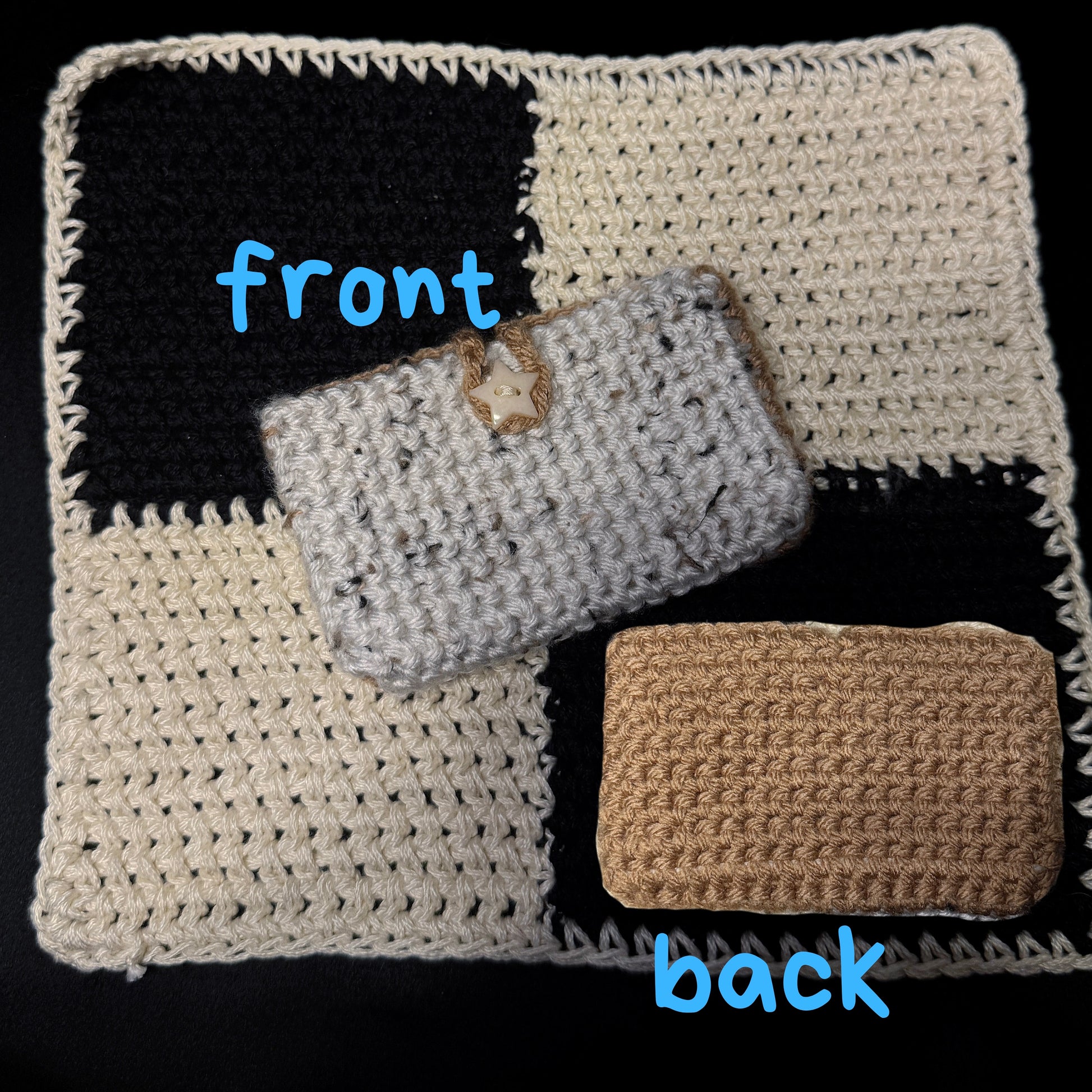 A crocheted rectangular pouch or wallet shown from two sides on a black background. The top view shows a black, cream, and beige check pattern with blue text reading 'front'; the bottom view shows a plain beige side with blue text reading 'back'.